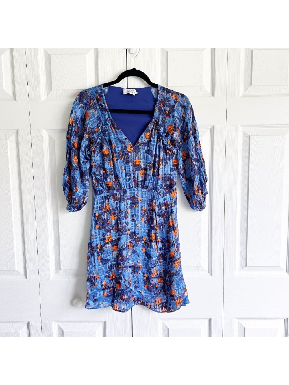 Tanya Taylor Fan Blue Floral Natalia 3/4 Sleeve Mini Dress Women's Size 2